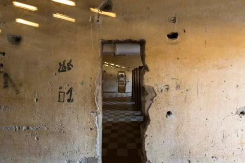 Interior of cell, Tuol Sleng Museum or S21 Prison, Phnom Penh, Cambodia Stock Photos