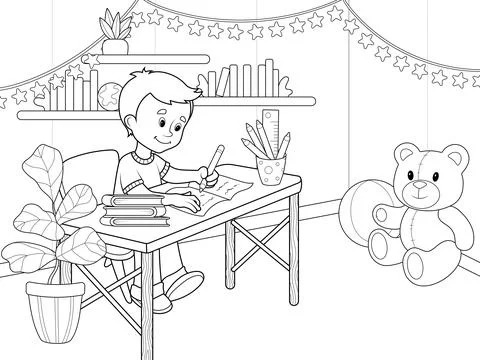 Interior of the children room. Boy is learning lessons at home. Vector Stock Illustration
