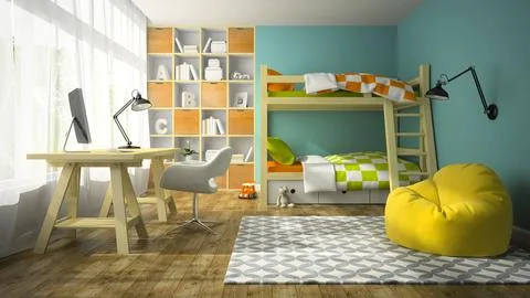 Interior of children room with bunk bed 3D rendering Stock Illustration