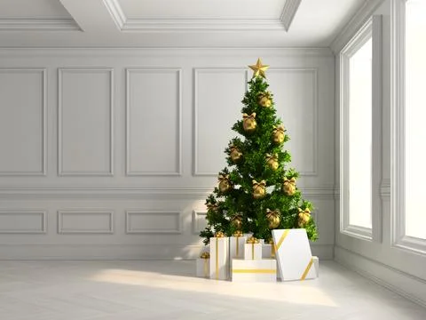 Interior with christmas tree and gift boxes 3d illustration Stock Illustration