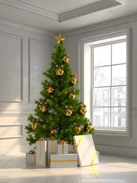 Interior with christmas tree and gift boxes 3d illustration Stock Illustration