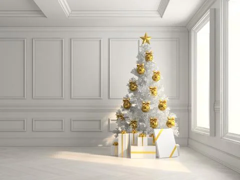 Interior with christmas tree and gift boxes 3d illustration Stock Illustration
