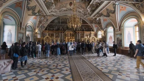 Interior of the Church of St. Sergius (Refectory church). Trinity Lavra of St. Stock Footage 114865341