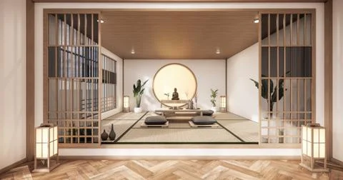 The interior with circle window wooden design idea of room japan and tatami m Stock Illustration