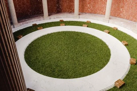 Interior of circular building with columns and grass lawn. 3d render Stock Photos