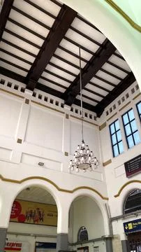 Interior of Cirebon Station, West Java, Indonesia. Colonial style white painted Stock Photos
