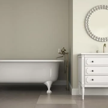 Interior of classic bathroom with round mirror and cabinet 3D rendering Stock Illustration
