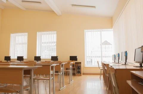 Interior of classroom with computers, computer study lab Stock Photos