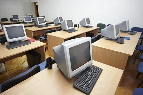 Interior of classroom with computers Stock Photos