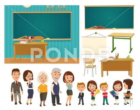 Interior of classroom with desk and blackboard. Stock Illustration