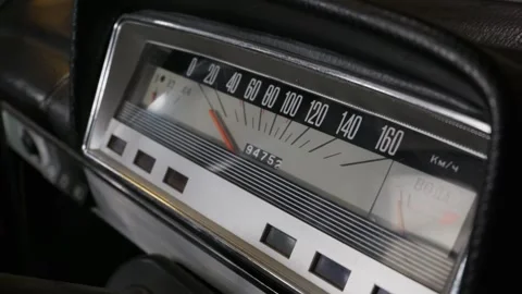 Interior Close Up of Analog Speedometer in Vintage Soviet Automobile Stock Footage 335642805