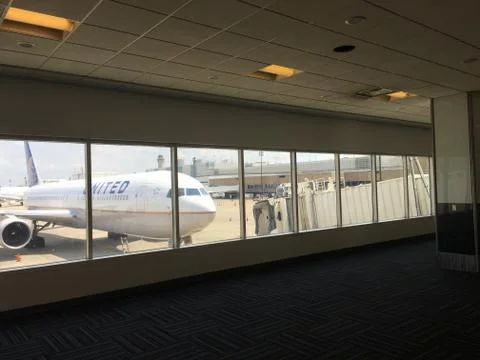 Interior of closed United gates at IAH Stock Photos