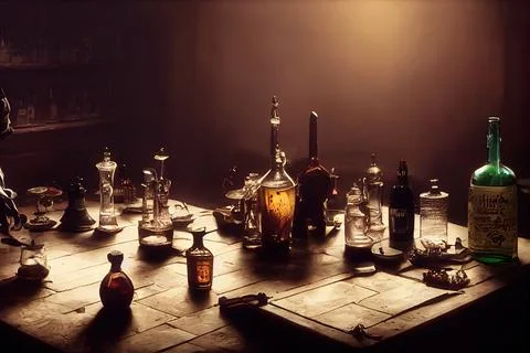 Interior of a cluttered magic tavern , Counter, Filled with magic liquor bott Stock Photos