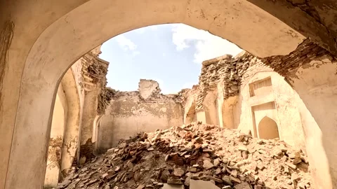 Interior Of Collapsed Ruined Mosque With Rubble And Debris War Damaged Heritage Stock Footage 345150634