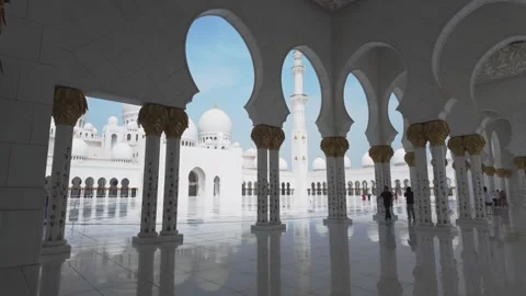 Interior Colonnade Reflections at Sheikh Zayed Grand Mosque Stock Footage 327330189