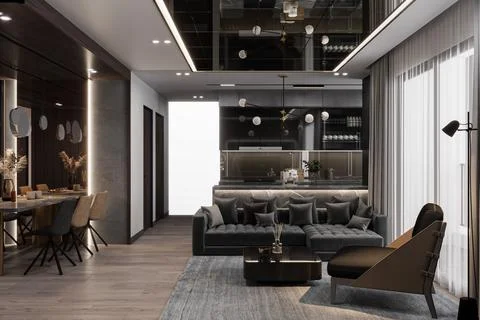 Interior of Combining Dining, Kitchen, and Living in Modern Style interior .. Stock Photos