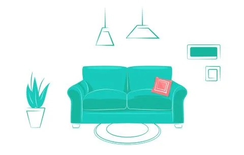 Interior comfortable living room in linear Flat design, trendy style. Concept Stock Illustration
