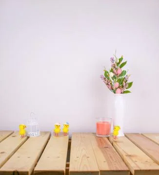 Interior composition home, ceramic vase with flowers on wood table and white  Stock Photos