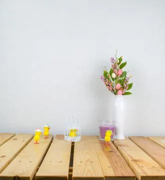 Interior composition home, ceramic vase with flowers on wood table and white  Stock Photos