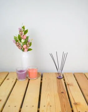 Interior composition home, ceramic vase with flowers on wood table and white  Stock Photos