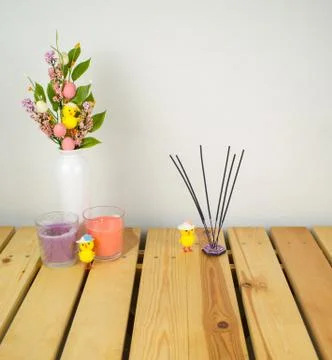 Interior composition home, ceramic vase with flowers on wood table and white  Stock Photos