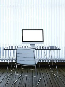 Interior with computer and blinds on window 库存插图