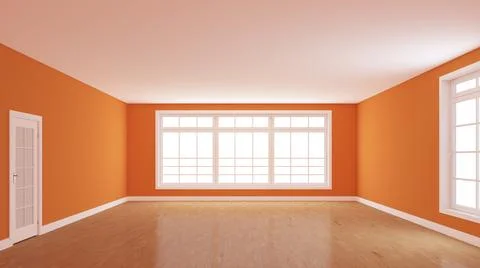 Interior Concept of the Empty Room with Bright Orange Walls, Light Parquet Fl Stock Illustration