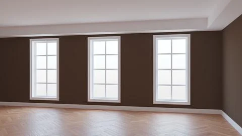 Interior Concept of the Empty Room with Brown Walls, Three Large Windows Stock Illustration