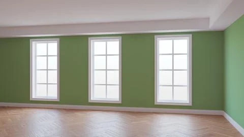 Interior Concept of the Empty Room with Green Walls, Three Large Windows Stock Illustration