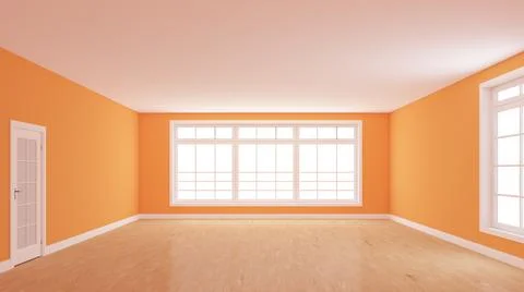 Interior Concept of the Empty Room with Light Parquet Floor, Orange Walls Stock Illustration