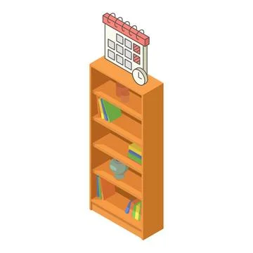 Interior concept icon isometric vector. Desk calendar on open wood bookcase icon Stock Illustration