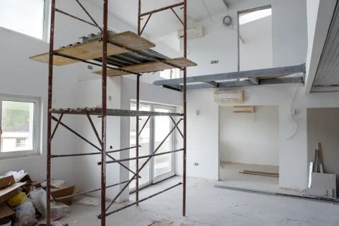 Interior of construction site with scaffolding Stock Photos