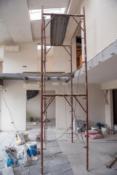 Interior of construction site with scaffolding Stock Photos