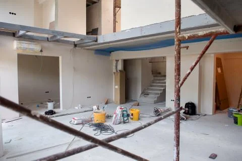 Interior of construction site with scaffolding Stock Photos