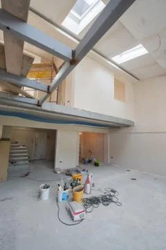 Interior of construction site with scaffolding Stock Photos