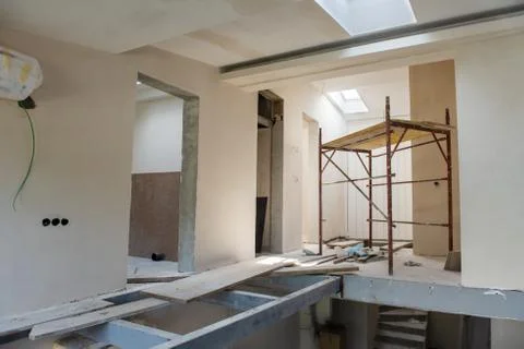 Interior of construction site with scaffolding Stock Photos