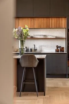 Interior of contemporary spacious kitchen Stock Photos