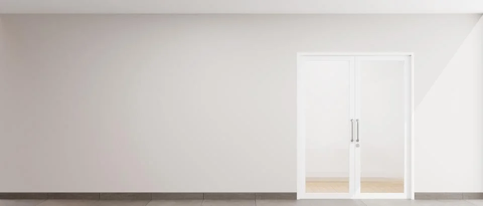 Interior Copy Space Background With Framed Double Swing Glass Door 3D Rende.. Illustrazione stock