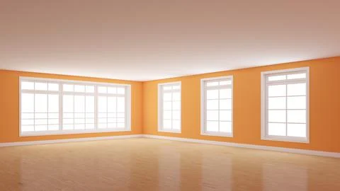 Interior Corner of the Empty Room with Orange Walls, Four Windows, Light Glos Stock Illustration