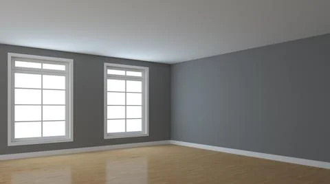 Interior Corner with Gray Walls, Two Large Windows, Light Glossy Parquet Stock Illustration