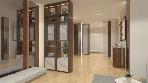 Interior Corridor Design with Cushion Bench and Divider Partition Stock Illustration