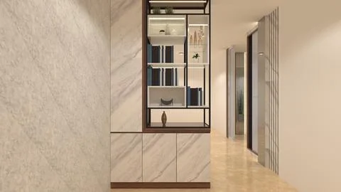 Interior Corridor Design with Modern Divider Cabinet Stock Illustration