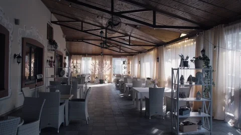 Interior. Covered terrace of the restaurant. Stock-Footage 127045207