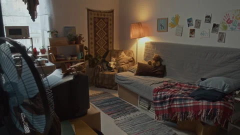 Interior of Cozy and Small Living Room with Gray Sofa and Vintage TV Stock-Footage 306149330