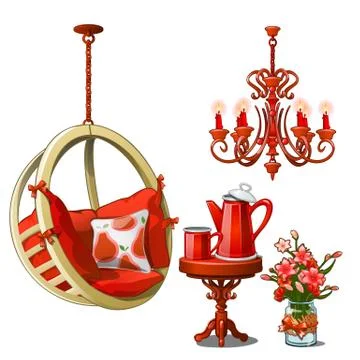 The interior of cozy cafe or kitchen in red color. Vintage furniture and tea set Stock Illustration