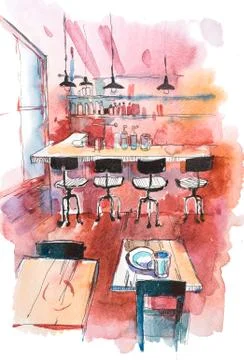 Interior of cozy cafe or restaurant, empty dining place and bar counter Stock Illustration
