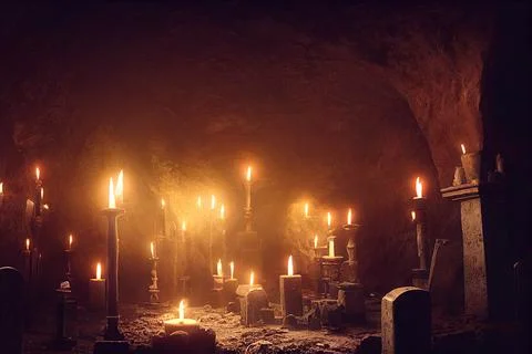 The interior of the crypt in the dark with candlelight and graves. Digital ar Ilustración de archivo