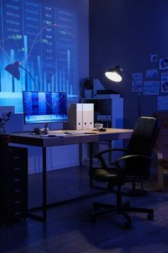 Interior of dark data scientist's office with workplace, glowing lamp and pro Stock Photos