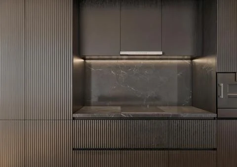 Interior of a dark kitchen seen from the front. Luminous image. Wooden floo.. Stock Photos