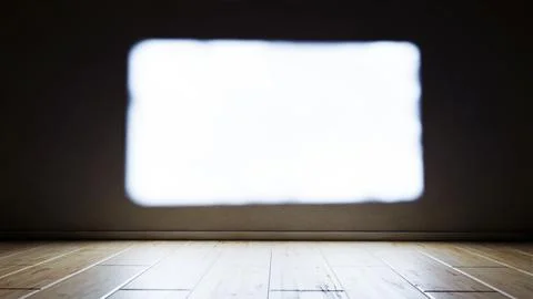 Interior of dark room with bright light shining through empty window frame and Stock-Illustration